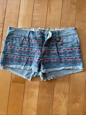 27.   Roxy   Light Blue Denim Shorts with Pink & Teal Embroidery
